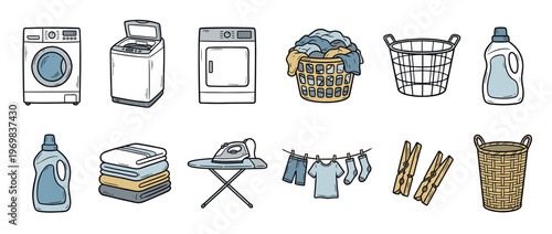 Collection of laundry equipment and supplies for washing, drying, and folding clothes in a household setting.