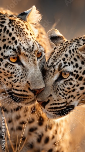 Two leopards touching noses in savannah