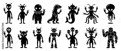 Collection of diverse alien creatures and monsters making a peace sign gesture, depicting various extraterrestrial and fantasy characters.