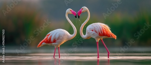 Two flamingos forming heart shape with necks in shallow water