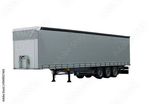 White refrigerated semi truck trailer with landing gear down on a transparent background
