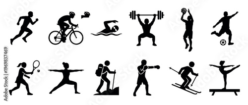 Collection of diverse sports icons and athletic activity silhouettes representing various fitness and recreational pursuits for health and wellness.