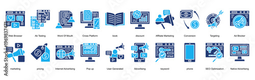 Internet Advertising Icon Set Collection Pack Banner Web Vector Illustration  Concept. Containing Web Browser, Ab Testing, Word Of Mouth, Cross Platform, book, discount icon