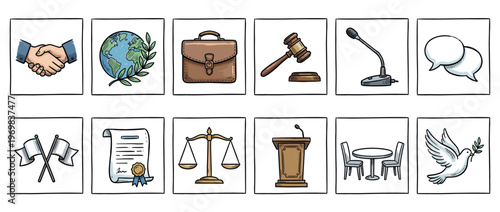 Legal, peace, and communication symbols collection featuring various hand-drawn icons representing justice, agreement, and global affairs.