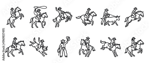 Cowboys and cowgirls riding horses, roping, and bull riding in a collection of Western rodeo line art icons depicting various action poses and activities.