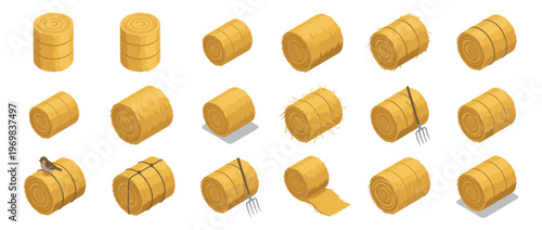Hay bales isometric collection featuring various round and cylindrical straw stacks, some with ropes, a bird, or a pitchfork, representing farm harvest.