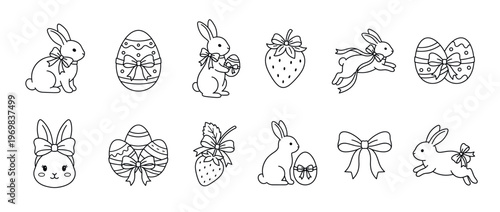 Cute outline bunnies, Easter eggs, strawberries, and bows vector illustration set for spring holiday designs and children's activities