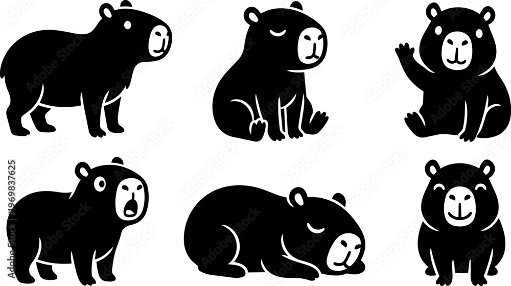Fototapeta premium Black and white vector art set of six bears in different poses