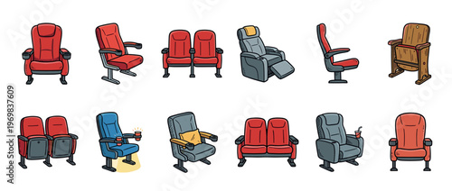 Various cartoon cinema theater seats illustrated in a collection of different styles and configurations for entertainment venues.