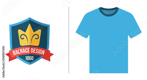 Blue t-shirt with crest on white background in realistic illustration for branding