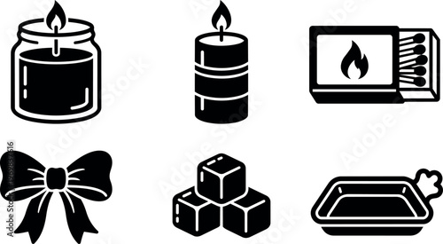 Black candle jar candle matchbox bow sugar cubes roasting pan icons vector art