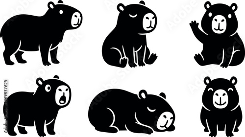 Black and white vector art set of six bears in different poses