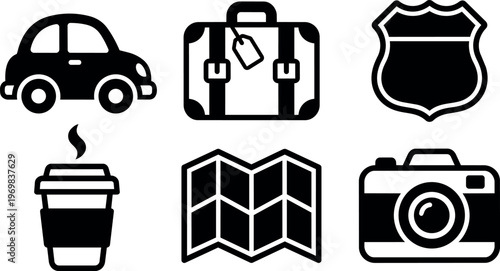Black and white travel icons with car suitcase coffee map and camera vector art