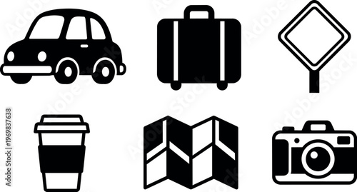 Black and white travel icon set with car suitcase coffee map camera and sign