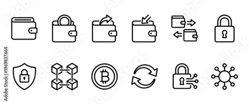 Digital wallet cryptocurrency blockchain security icons representing online payment, financial transactions, data protection, and decentralized network concepts.