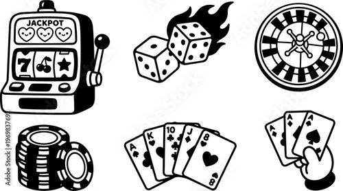 Black and white casino icons with slot machine dice chips cards and roulette wheel