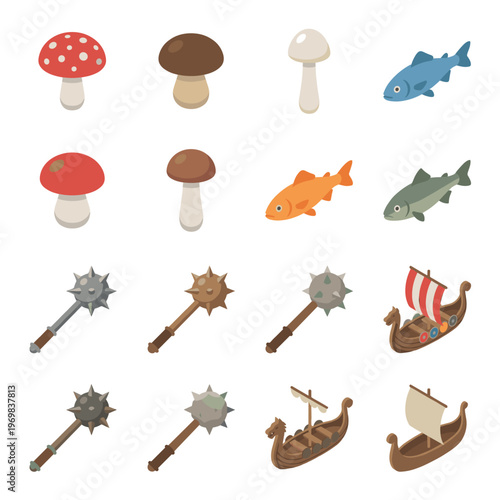 Isometric illustrations of mushrooms, fish, maces, and Viking ships in a collection of various styles and colors.