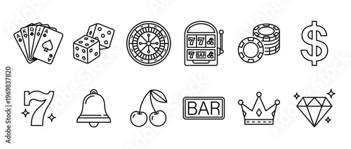 Casino gambling game icons collection featuring playing cards, dice, roulette, slot machine, chips, and other luck symbols in a modern line art style.