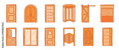 Collection of various doors showcasing different architectural styles and functional designs in a hand-drawn illustration.