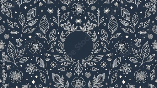 Elegant white floral and leaf pattern on a dark blue background