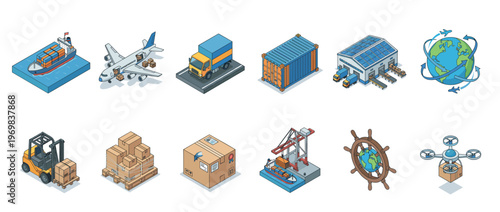 Logistics and delivery isometric icons showing global transportation, cargo shipping, warehouse operations, and package distribution.