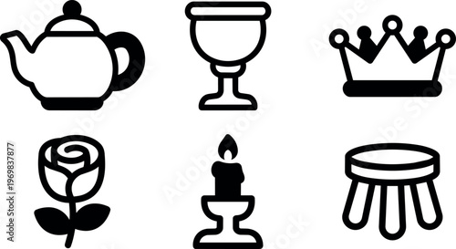 Black and white line art icons of teapot goblet crown rose candle and stool
