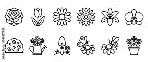 Collection of outline flower and gardening icons representing nature, plants, and springtime activities for various design projects.