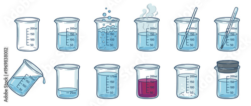 Laboratory beakers with various liquids and scientific instruments illustrating different chemical experiments and measurements in a science lab.