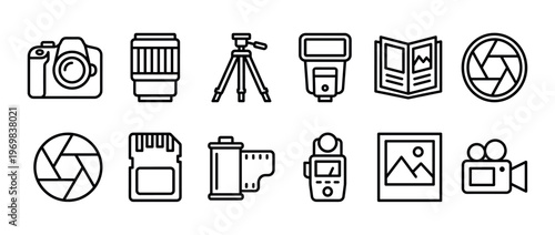 Photography and videography equipment outline icons representing various tools and accessories used in digital and analog image capture.