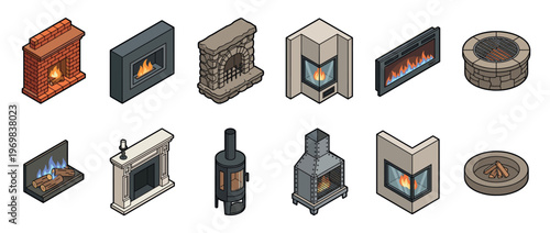 Isometric fireplaces, wood stoves, and fire pits with burning flames, showcasing a variety of designs for home heating and outdoor ambiance.