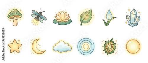 Cute nature magic celestial icons collection featuring whimsical mushroom, firefly, lotus, leaf, water, crystals, star, moon, cloud, ripple, seed, and sun elements.