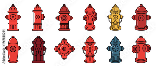 Fire hydrants cartoon vector illustration set featuring various colorful emergency water supply equipment for public safety and urban infrastructure.