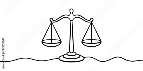 A minimalist black and white line art drawing representing the classic symbol of legal justice