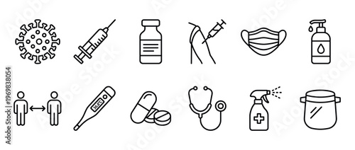 Health medical pandemic prevention icons set illustrating various aspects of healthcare, vaccination, and safety measures during an outbreak.