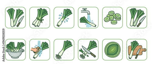 Leeks vegetable preparation guide showing various stages of cleaning, chopping, and cooking fresh produce.