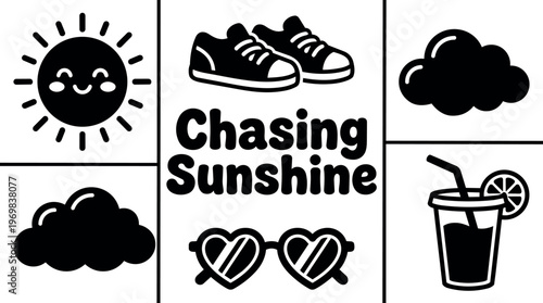 Chasing sunshine with smiling sun cloud sneakers heart glasses and lemonade vector art
