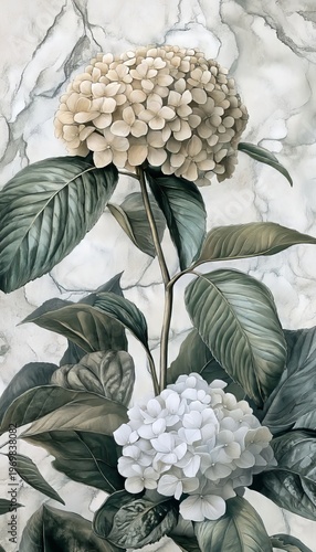 Vintage Botanical Watercolor Illustration of Hydrangeas in Soft Shades on Marble Background