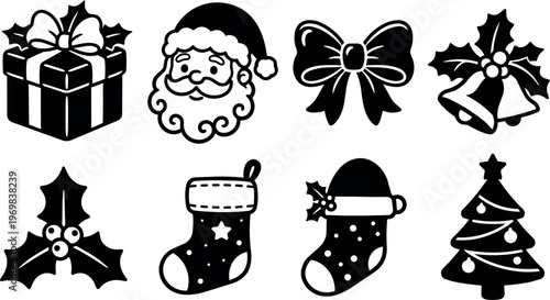 Black and white christmas icons with santa gift stocking and tree