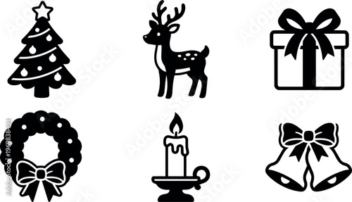 Black and white christmas tree reindeer wreath candle bells gift box icons