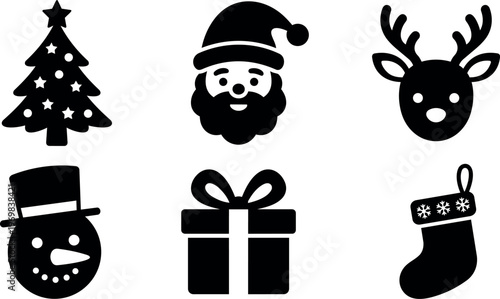 Black and white christmas icons with santa reindeer snowman tree gift and stocking