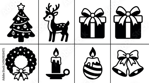 Black and white silhouette icons of christmas tree reindeer gift candle wreath bells
