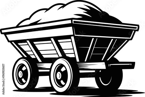 Wooden cart filled with hay or grain, rustic farm vehicle with sturdy wheels and simple frame design