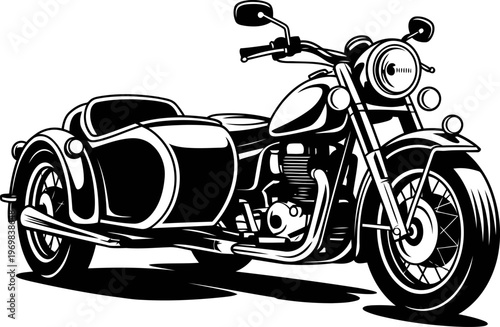 Retro motorcycle with sidecar illustration classic vintage bike, detailed engine, headlight, and tire design