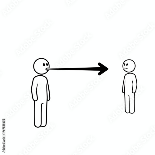 Minimalist line art illustration of a person directing sharp words and communication towards another through a long arrow symbol
