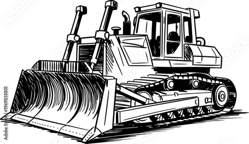 Bulldozer heavy construction machinery with large blade and crawler tracks, industrial earthmoving equipment