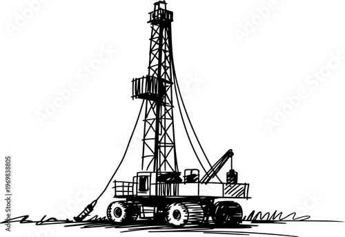 Oil drilling rig machinery with tall metal tower on wheeled platform in field landscape