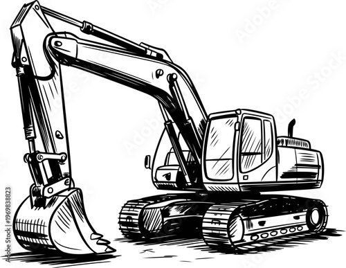 Heavy excavator with bucket on crawler tracks, industrial construction equipment for digging and earthmoving tasks