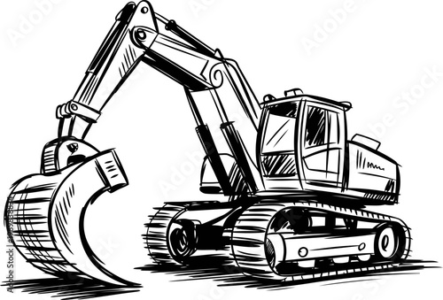 Excavator construction machine with large digging bucket, heavy equipment for earthmoving and building works