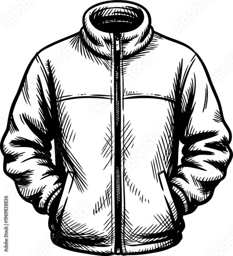 casual zip up jacket with high collar and side pockets, cozy warm outerwear design illustration