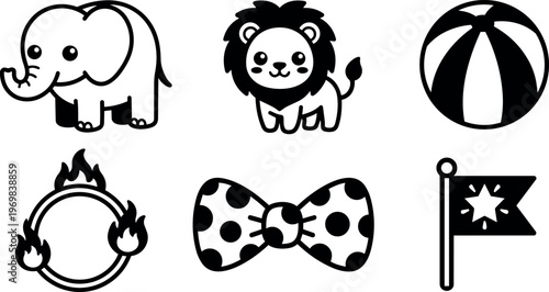 Black and white cute elephant lion beach ball flaming hoop bow tie and star flag icons